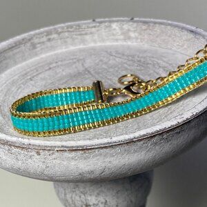 Teal and Gold loom-beaded bracelet Miyuki Delica seed beads